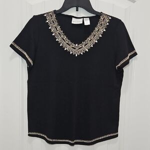 Alfred Dunner Black V-Neck Top with Gold Sequin Accents